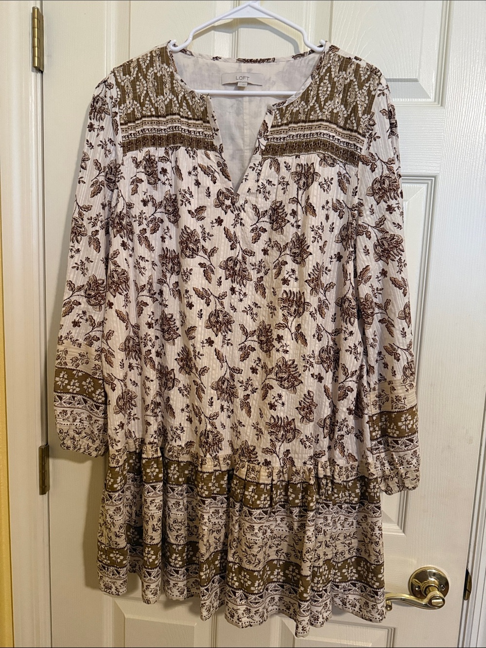LOFT Brown and Cream Floral Long-Sleeve Tunic Dress